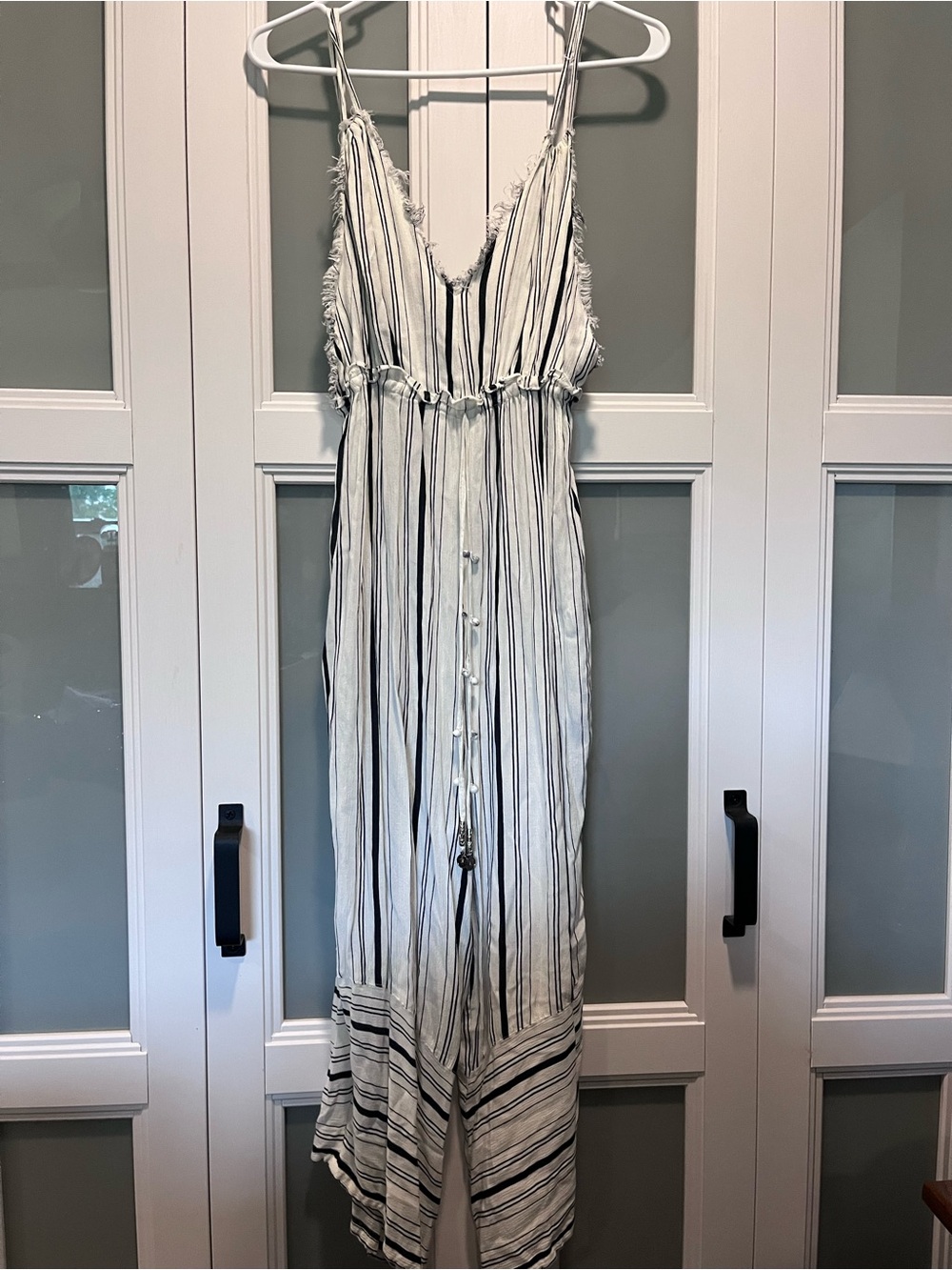 Striped White and Black Sleeveless Jumpsuit - Lightweight V-Neck Romper